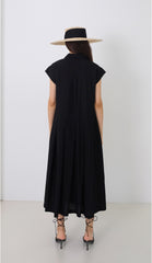 Linen Mini Dress With Puff Sleeves, Pleated Drop Waist, And Decorative Front Buttons