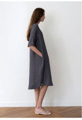 Relaxed Fit Linen Dress with Short Sleeves and Pleated Back Detail for Effortless Style