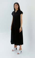Linen Mini Dress With Puff Sleeves, Pleated Drop Waist, And Decorative Front Buttons