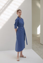Elegant Wrap Midi Dress in Breathable Pure Linen with Belted Waist and Notched Collar