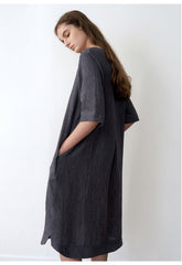 Relaxed Fit Linen Dress with Short Sleeves and Pleated Back Detail for Effortless Style