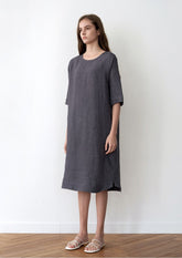 Relaxed Fit Linen Dress with Short Sleeves and Pleated Back Detail for Effortless Style