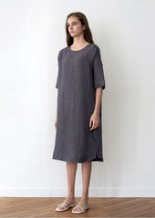 Relaxed Fit Linen Dress with Short Sleeves and Pleated Back Detail for Effortless Style
