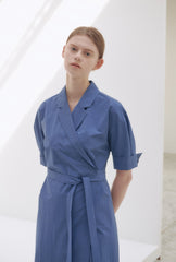 Elegant Wrap Midi Dress in Breathable Pure Linen with Belted Waist and Notched Collar