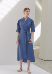 Elegant Wrap Midi Dress in Breathable Pure Linen with Belted Waist and Notched Collar