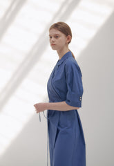 Elegant Wrap Midi Dress in Breathable Pure Linen with Belted Waist and Notched Collar