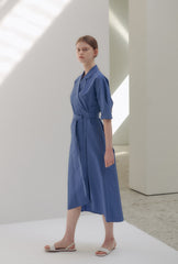 Elegant Wrap Midi Dress in Breathable Pure Linen with Belted Waist and Notched Collar