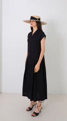 Linen Mini Dress With Puff Sleeves, Pleated Drop Waist, And Decorative Front Buttons