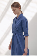Elegant Wrap Midi Dress in Breathable Pure Linen with Belted Waist and Notched Collar