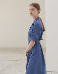 Elegant Wrap Midi Dress in Breathable Pure Linen with Belted Waist and Notched Collar