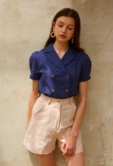 Tailored Linen Blouse With Puff Sleeves And Double-Breasted Closure For Modern Feminine Appeal