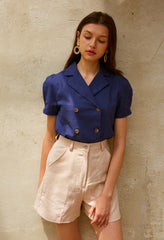 Tailored Linen Blouse With Puff Sleeves And Double-Breasted Closure For Modern Feminine Appeal