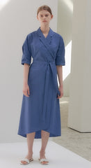 Elegant Wrap Midi Dress in Breathable Pure Linen with Belted Waist and Notched Collar