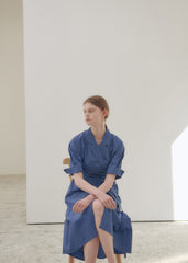 Elegant Wrap Midi Dress in Breathable Pure Linen with Belted Waist and Notched Collar