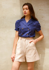 Tailored Linen Blouse With Puff Sleeves And Double-Breasted Closure For Modern Feminine Appeal