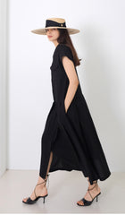 Linen Mini Dress With Puff Sleeves, Pleated Drop Waist, And Decorative Front Buttons