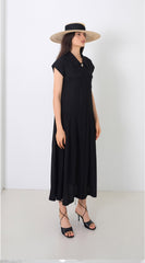 Linen Mini Dress With Puff Sleeves, Pleated Drop Waist, And Decorative Front Buttons