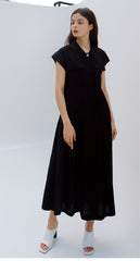 Linen Mini Dress With Puff Sleeves, Pleated Drop Waist, And Decorative Front Buttons