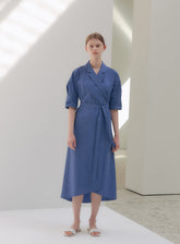 Elegant Wrap Midi Dress in Breathable Pure Linen with Belted Waist and Notched Collar
