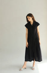 Linen Mini Dress With Puff Sleeves, Pleated Drop Waist, And Decorative Front Buttons