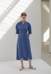 Elegant Wrap Midi Dress in Breathable Pure Linen with Belted Waist and Notched Collar