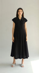 Linen Mini Dress With Puff Sleeves, Pleated Drop Waist, And Decorative Front Buttons