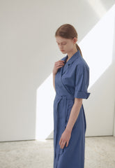 Elegant Wrap Midi Dress in Breathable Pure Linen with Belted Waist and Notched Collar
