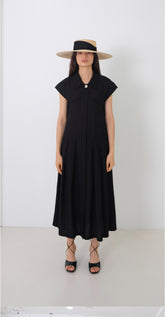 Linen Mini Dress With Puff Sleeves, Pleated Drop Waist, And Decorative Front Buttons