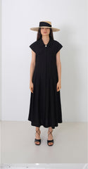 Linen Mini Dress With Puff Sleeves, Pleated Drop Waist, And Decorative Front Buttons