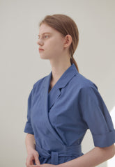 Elegant Wrap Midi Dress in Breathable Pure Linen with Belted Waist and Notched Collar