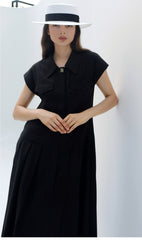 Linen Mini Dress With Puff Sleeves, Pleated Drop Waist, And Decorative Front Buttons