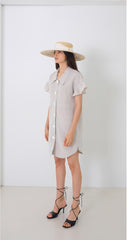 Linen Mini Dress with Puff Sleeves and Gold Button Front Detailing