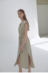 Wrap-Front Linen Midi Dress with Belted Waist and Kimono Sleeves for Elegant Comfort