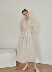 Long Sleeve Linen Midi Dress with Gathered Waist and V-Neckline for Effortless Elegance