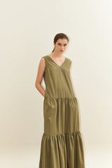 Sleeveless Cotton Poplin Maxi Dress for Women with V-Neckline and Tiered Flared Skirt