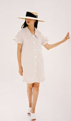 Linen Mini Dress with Puff Sleeves and Gold Button Front Detailing