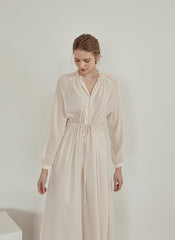 Long Sleeve Linen Midi Dress with Gathered Waist and V-Neckline for Effortless Elegance