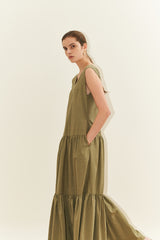 Sleeveless Cotton Poplin Maxi Dress for Women with V-Neckline and Tiered Flared Skirt