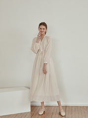 Long Sleeve Linen Midi Dress with Gathered Waist and V-Neckline for Effortless Elegance