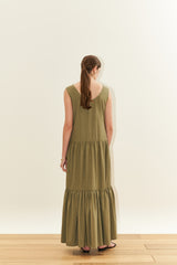 Sleeveless Cotton Poplin Maxi Dress for Women with V-Neckline and Tiered Flared Skirt