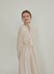 Long Sleeve Linen Midi Dress with Gathered Waist and V-Neckline for Effortless Elegance