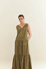 Sleeveless Cotton Poplin Maxi Dress for Women with V-Neckline and Tiered Flared Skirt