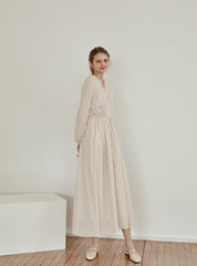 Long Sleeve Linen Midi Dress with Gathered Waist and V-Neckline for Effortless Elegance