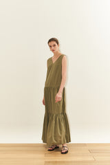 Sleeveless Cotton Poplin Maxi Dress for Women with V-Neckline and Tiered Flared Skirt