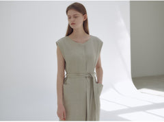 Wrap-Front Linen Midi Dress with Belted Waist and Kimono Sleeves for Elegant Comfort