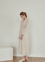 Long Sleeve Linen Midi Dress with Gathered Waist and V-Neckline for Effortless Elegance