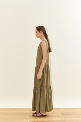 Sleeveless Cotton Poplin Maxi Dress for Women with V-Neckline and Tiered Flared Skirt