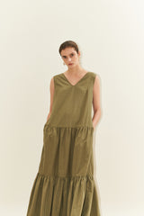 Sleeveless Cotton Poplin Maxi Dress for Women with V-Neckline and Tiered Flared Skirt