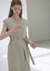Wrap-Front Linen Midi Dress with Belted Waist and Kimono Sleeves for Elegant Comfort