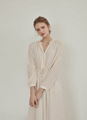 Long Sleeve Linen Midi Dress with Gathered Waist and V-Neckline for Effortless Elegance